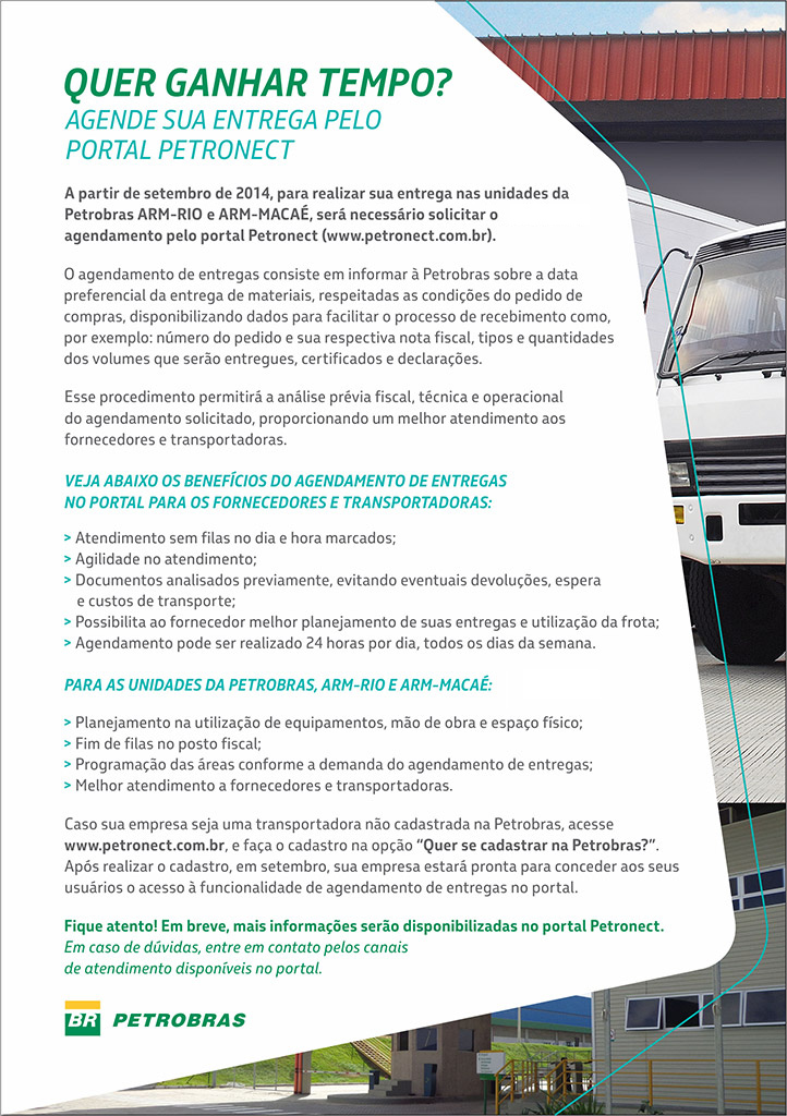 Comunicado - Quer ganhar tempo? Agende sua entrega pelo Portal Petronect